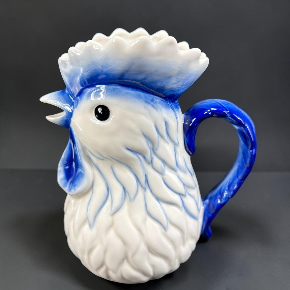 Cosmos Blue and White Ceramic Rooster Pitcher Jug Farmhouse Decor 7.5 Inch